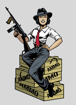 women gangster mafia hold the Tommy gun and sitting on the ammunition crates