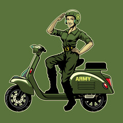 pinup girl army riding the old scooter motorbike