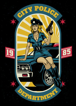 vintage t-shirt design of women police posing on the car