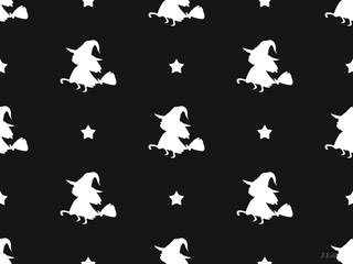 Witch cartoon character seamless pattern on black background