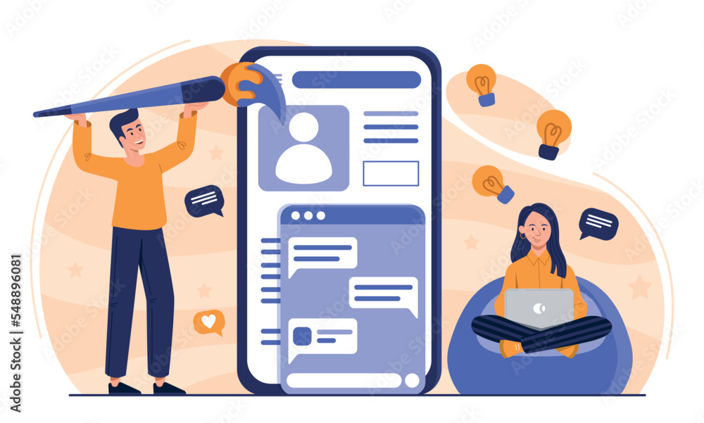 Poster app interface improvement. man and woman develop ui and ux design for programs and website. freelanc