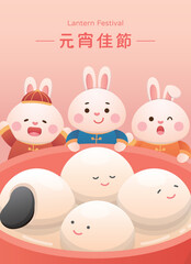 Cute rabbit character or mascot, Lantern Festival or Winter Solstice with glutinous rice balls, glutinous rice sweet food in Asia, poster design, Chinese translation: Lantern Festival