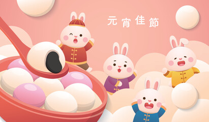 Cute rabbit character or mascot, Lantern Festival or Winter Solstice with glutinous rice balls, glutinous rice sweet food in Asia, Chinese translation: Lantern Festival