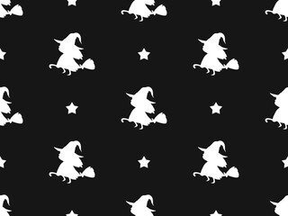 Witch cartoon character seamless pattern on black background
