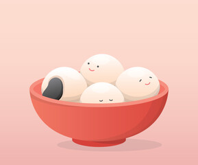 A bowl of glutinous rice balls with playful and cute expressions and mascots, glutinous rice sweets in Asia, traditional dim sum for Lantern Festival or Winter Solstice