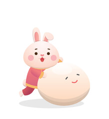 Cute rabbit character or mascot with glutinous rice balls, Lantern Festival or Winter Solstice, delicious glutinous rice sweet food in Asia, playful and cute cartoon style
