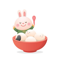 Cute rabbit character or mascot with glutinous rice balls, Lantern Festival or Winter Solstice, delicious glutinous rice sweet food in Asia, playful and cute cartoon style