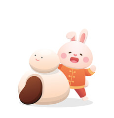 Cute rabbit character or mascot with glutinous rice balls, Lantern Festival or Winter Solstice, delicious glutinous rice dessert in Asia, half with filling flavors