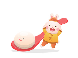 Cute rabbit character or mascot with glutinous rice balls, Lantern Festival or Winter Solstice, delicious glutinous rice sweet food in Asia, playful and cute cartoon style