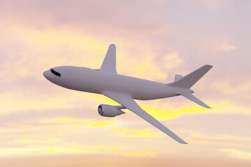 Fototapeta na wymiar 3D Illustration White passenger Aircraft. Airplane flying in sunset sunrise cloudy sky