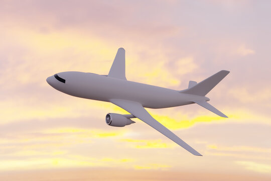 3D Illustration White passenger Aircraft. Airplane flying in sunset sunrise cloudy sky