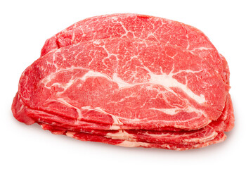 Rare Sliced Wagyu beef with marbled texture isolated on white background, Sliced Wagyu beef isolated on white background, With work path.