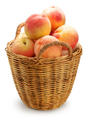 White Peach fruit in the basket isolated on white background, White Peach fruit on white With clipping path.