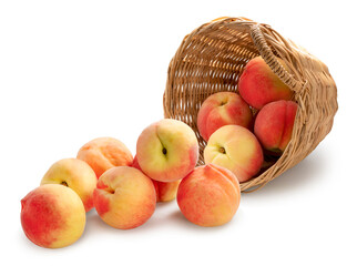 White Peach fruit drop from the basket isolated on white background, White Peach fruit on white With clipping path.