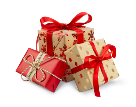 Gift boxes with the red ribbons in eco paper isolated on the white background