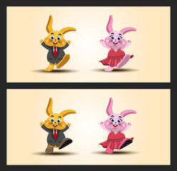 Vector illustration of cute male and female rabbit characters dancing happily dressed in blue and pink with bare feet and shoes.