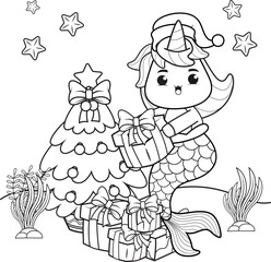 Christmas coloring book with cute unicorn mermaid