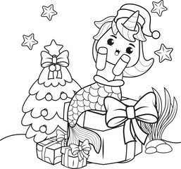 Christmas coloring book with cute unicorn mermaid