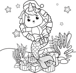 Christmas coloring book with cute unicorn mermaid