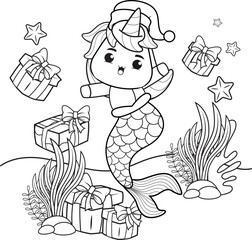Christmas coloring book with cute unicorn mermaid