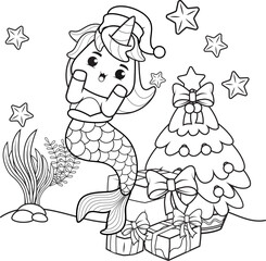 Christmas coloring book with cute unicorn mermaid