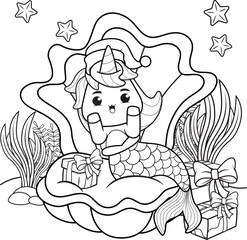 Christmas coloring book with cute unicorn mermaid