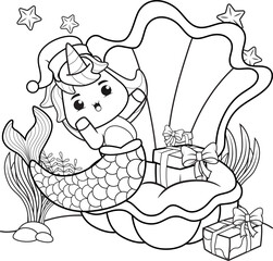 Christmas coloring book with cute unicorn mermaid
