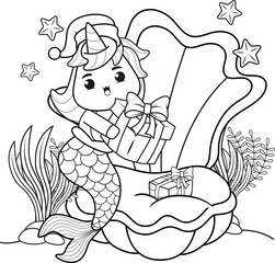 Christmas coloring book with cute unicorn mermaid