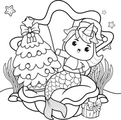 Christmas coloring book with cute unicorn mermaid
