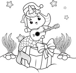 Christmas coloring book with cute unicorn mermaid