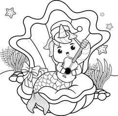 Christmas coloring book with cute unicorn mermaid