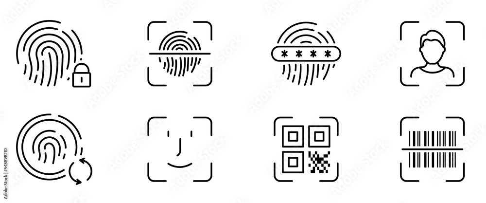 Poster biometric identification line icon. finger print verification pictogram. password protection and cha