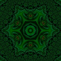Green mandala from forest fir or pine tree needles with water drop. Abstract kaleidoscope made from natural objects. Natural leaf geometrical ornament. Symmetry, seamless, perfection.