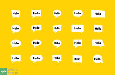 Hello speech bubble icon set. Hi, welcome banner, balloon message poster, fun concept. Simple flat style. Vector illustration isolated on yellow background. EPS 10.