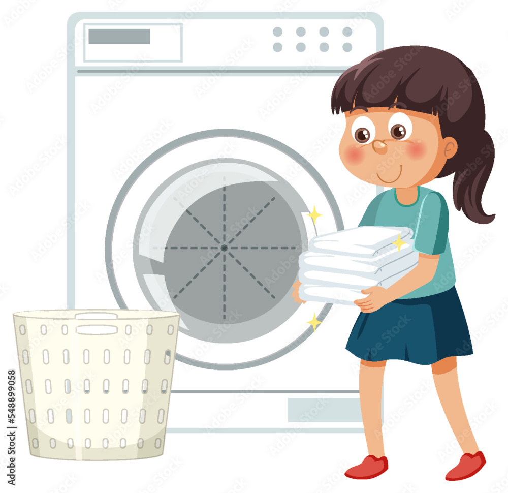 Poster a girl doing laundry with washing machine