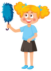 A girl holding feather duster