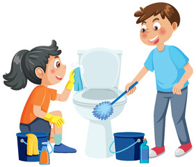 Kids cleaning toilet together