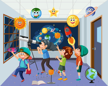 Kids studying astronomy planet
