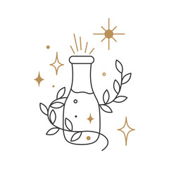 Boho mystic bottle with magic elixir or poison. Vector illustration isolated on white background for natural cosmetics, medicinal herbs, homeopathy, essential oils, aromatherapy