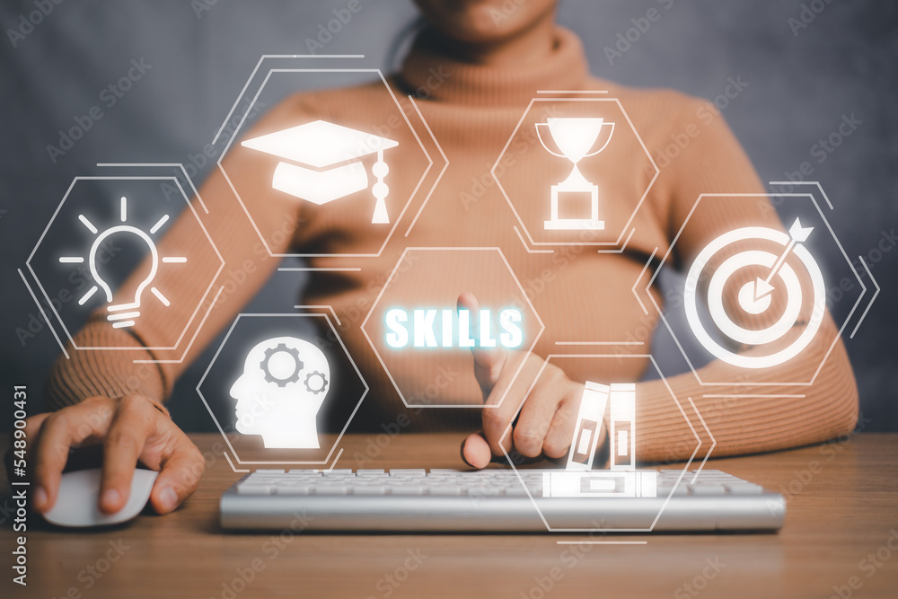 Poster skill knowledge ability business internet technology concept, woman hand using computer with skills 