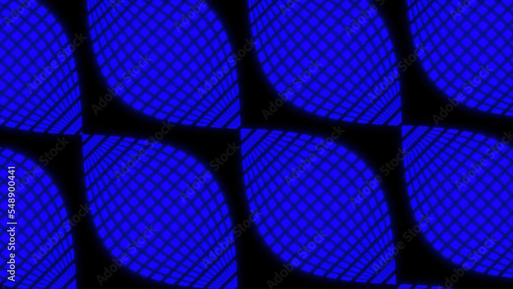 Poster black background. design.large blue ovals made of a grid in animation move in different directions.