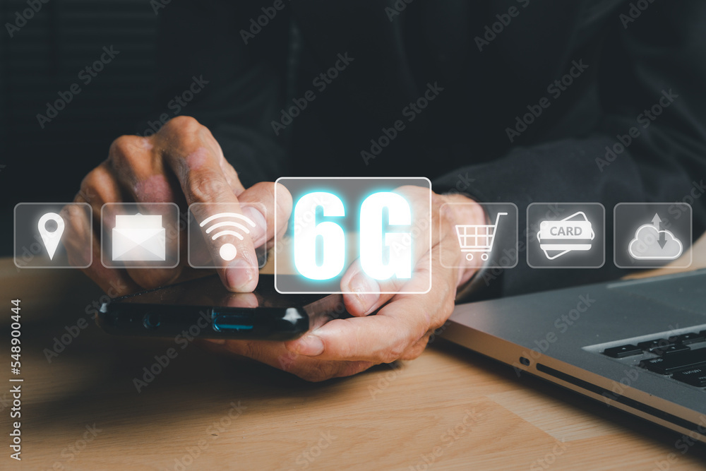 Poster global communication network concept, man hand using smart phone with 6g and wifi icon on virtual sc