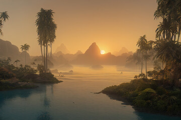 Obraz premium sunrise over the river and the Mountain, Glowin g in the sun