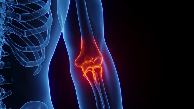 3D rendered Medical Animation of inflamed left elbow joint.
