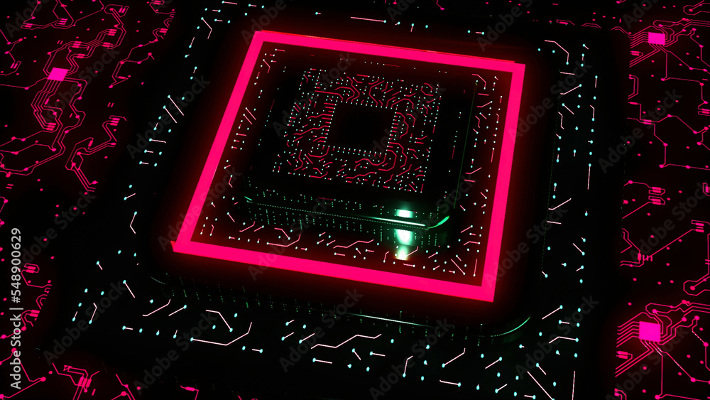 Poster 3d chip with neon lines. motion. large motherboard on futuristic neon background. technological comp