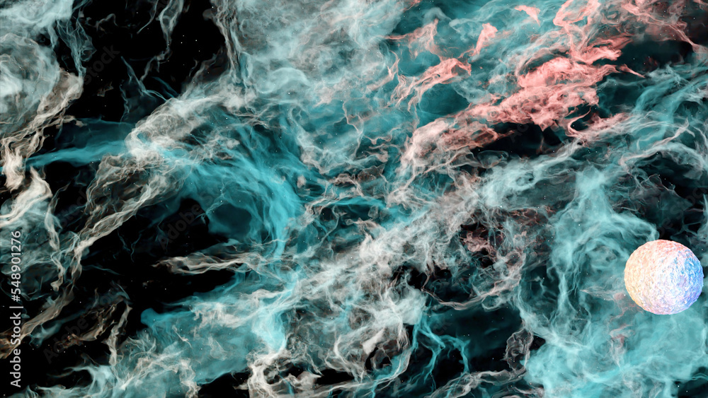 Poster flying in space through stars and gas cloud with cosmic nebulas. design. abstract scientific backgro