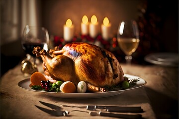 Christmas roasted Turkey dinner, elegant Christmas dinner, background decoration.