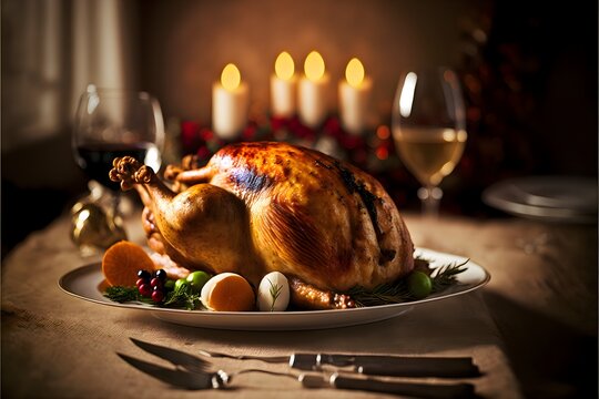 Christmas roasted Turkey dinner, elegant Christmas dinner, background decoration.