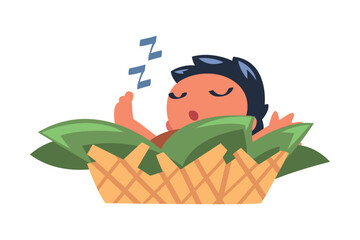 Mowgli Little Baby Sleeping in Basket as Feral Boy from Jungle Raised by Wolves Vector Illustration
