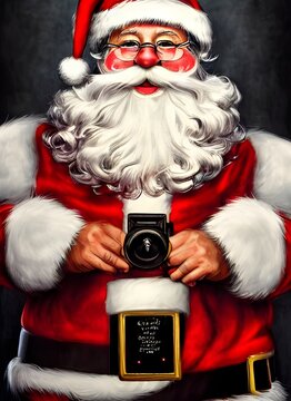 In this portrait, Santa Claus is looking directly at the viewer with a jolly smile on his face. He has rosy cheeks and a white beard, and he's wearing a red suit trimmed with white fur. A black belt